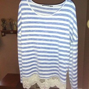 Attention brand heathered blue & off-white striped top with a lace border.